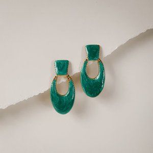Art Deco Door Knocker Modernist Style Green Swirl Enamel Gold Drop Oval Earrings